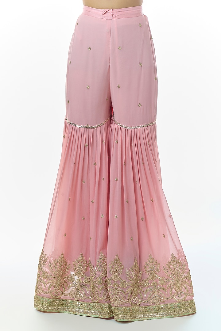 Pink Georgette Embroidered Tiered Wedding Sharara Set by Gopi Vaid at Pernia's Pop Up Shop