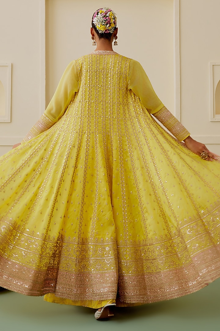 Lime Yellow Tussar Embellished Bridal Anarkali Set by GOPI VAID at Pernia's Pop Up Shop