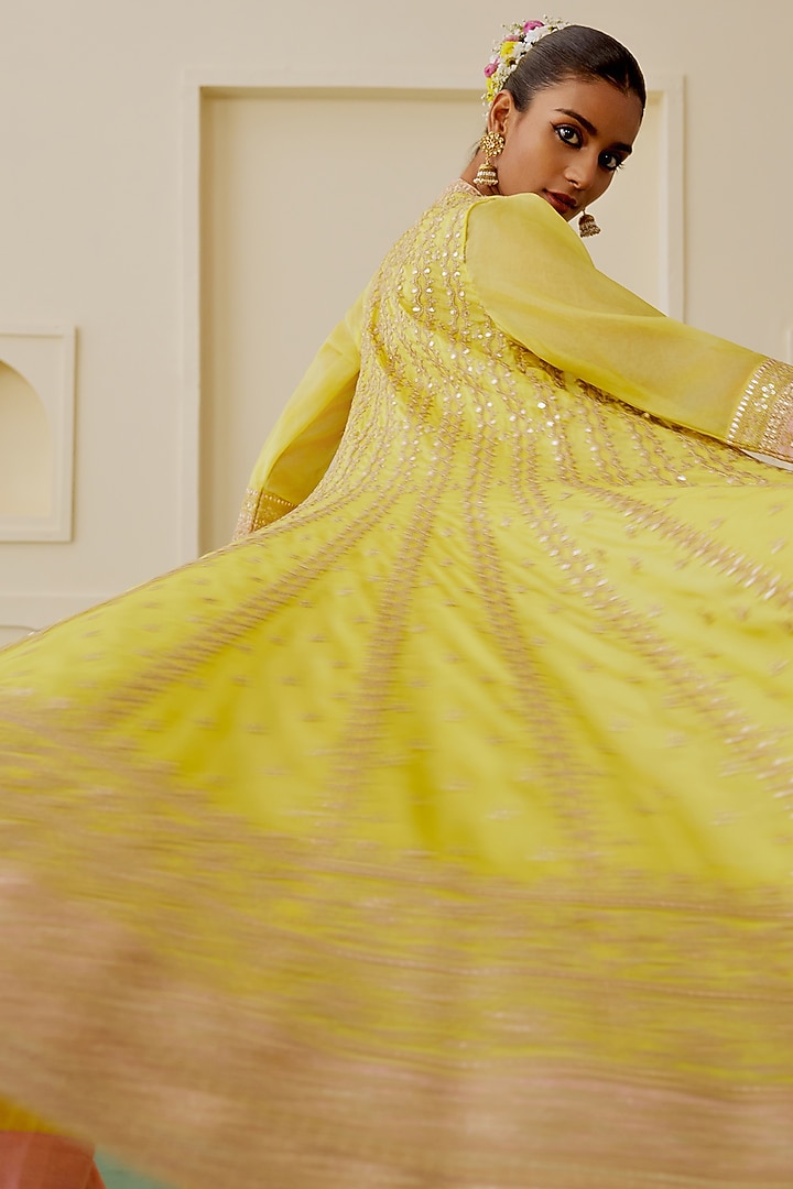 Lime Yellow Tussar Embellished Bridal Anarkali Set by GOPI VAID at Pernia's Pop Up Shop