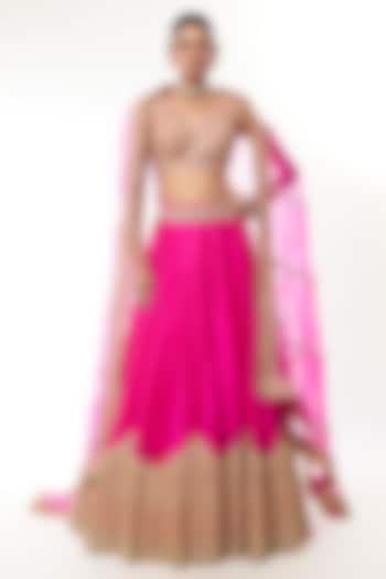Rani Pink Tussar Thread Work Wedding Lehenga Set by GOPI VAID at Pernia's Pop Up Shop