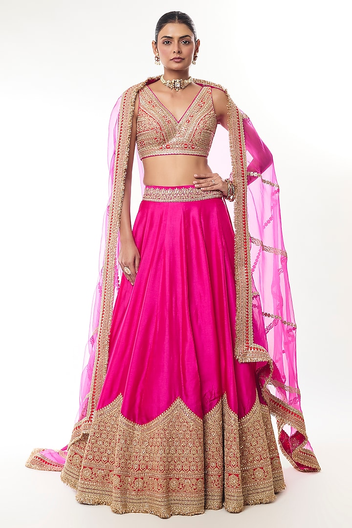 Rani Pink Tussar Thread Work Wedding Lehenga Set by GOPI VAID at Pernia's Pop Up Shop