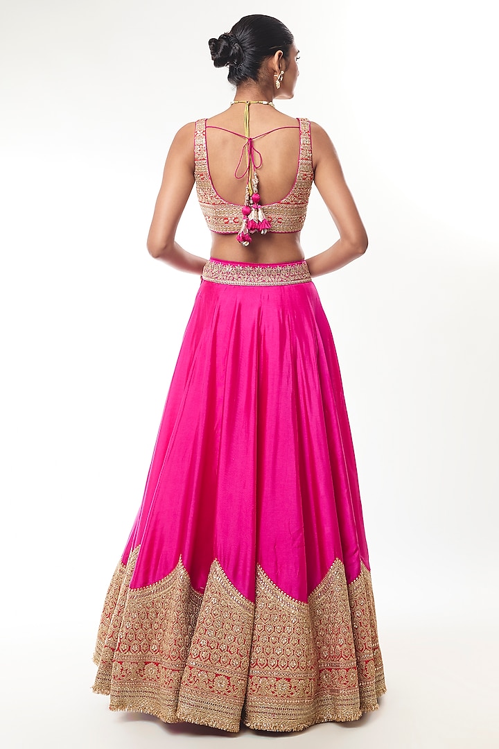 Rani Pink Tussar Thread Work Wedding Lehenga Set by GOPI VAID at Pernia's Pop Up Shop
