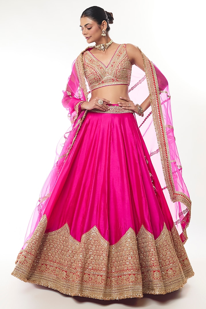 Rani Pink Tussar Thread Work Wedding Lehenga Set by GOPI VAID at Pernia's Pop Up Shop