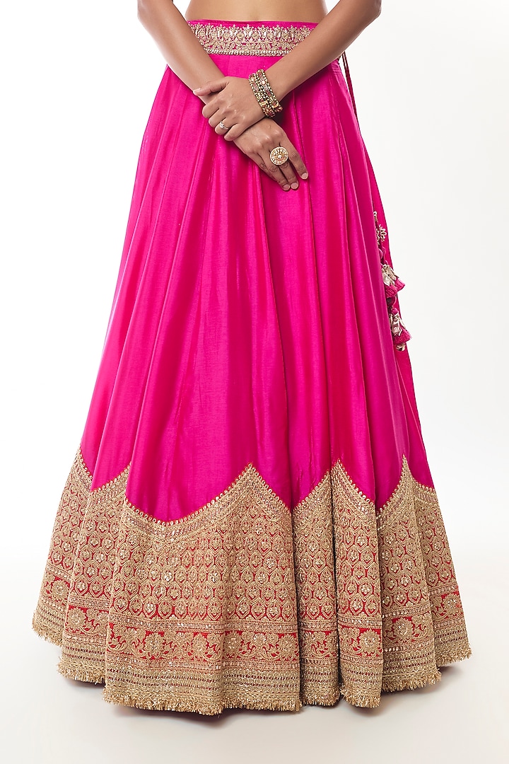 Rani Pink Tussar Thread Work Wedding Lehenga Set by GOPI VAID at Pernia's Pop Up Shop