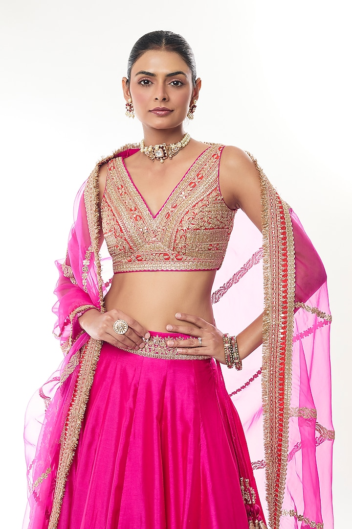 Rani Pink Tussar Thread Work Wedding Lehenga Set by GOPI VAID at Pernia's Pop Up Shop