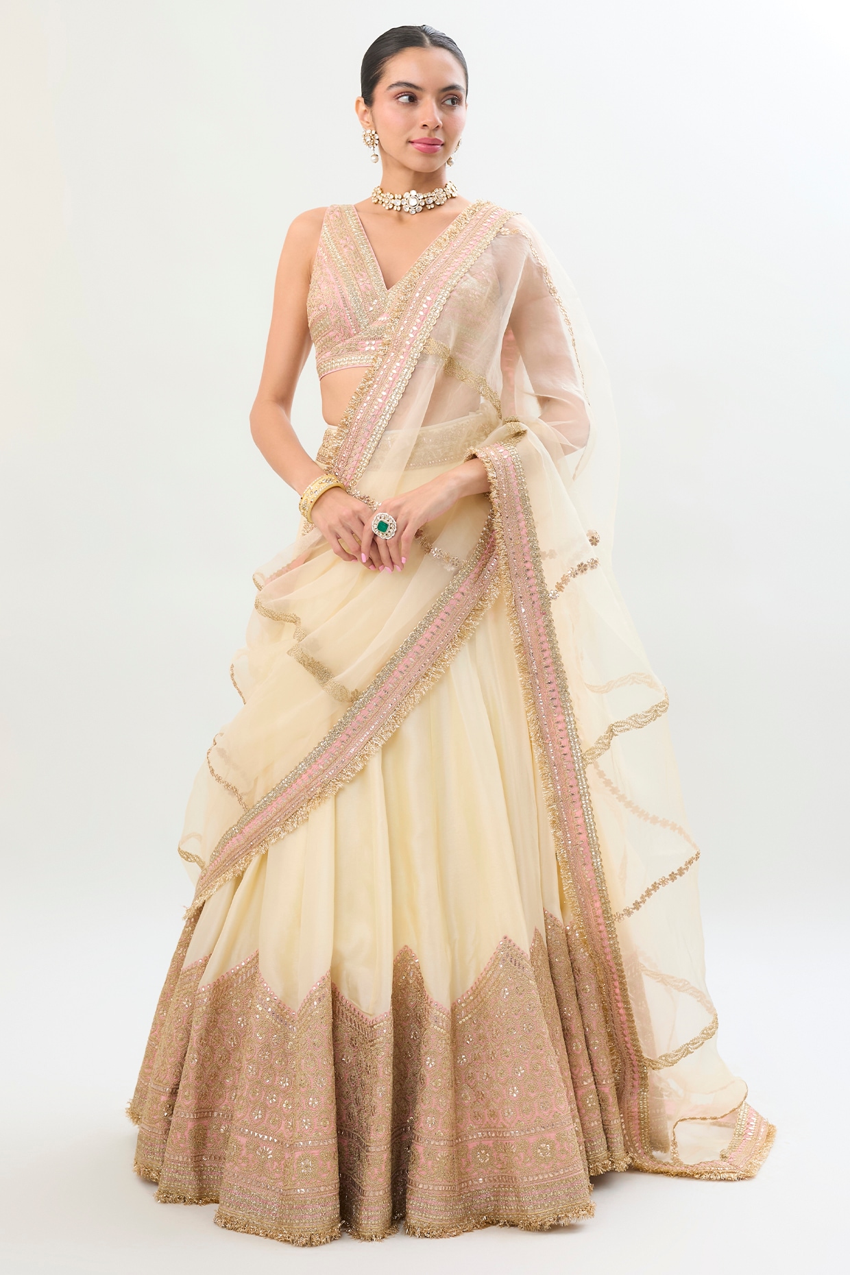 Gopi Vaid Ivory Tussar Thread Embellished Flared Lehenga Set