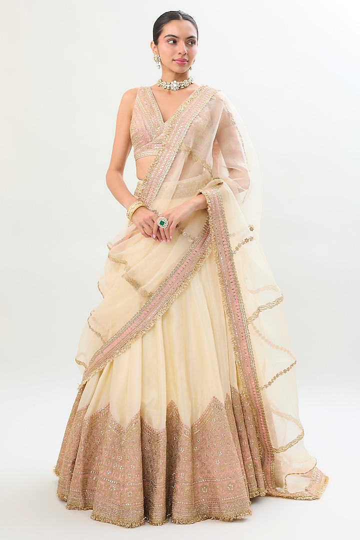 Ivory Tussar Thread Embellished Flared Wedding Lehenga Set by Gopi Vaid at Pernia's Pop Up Shop