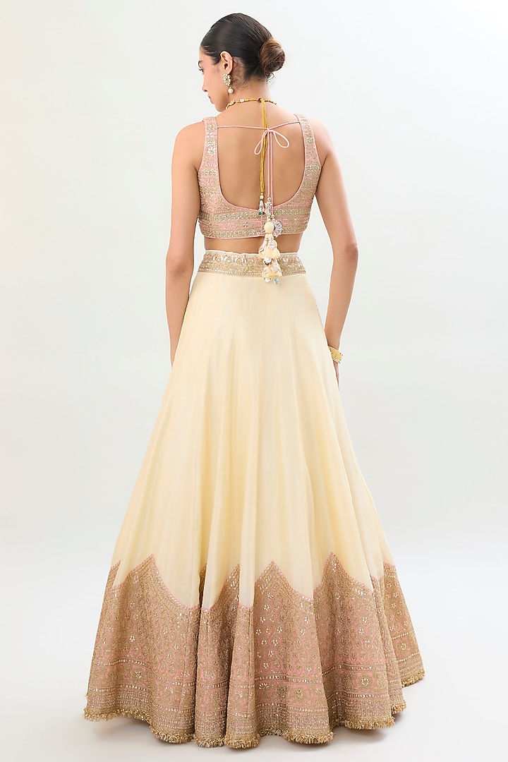 Ivory Tussar Thread Embellished Flared Wedding Lehenga Set by Gopi Vaid at Pernia's Pop Up Shop
