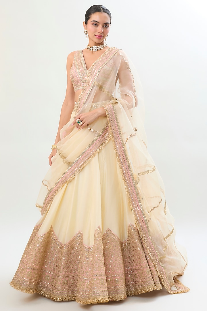 Ivory Tussar Thread Embellished Flared Wedding Lehenga Set by Gopi Vaid at Pernia's Pop Up Shop