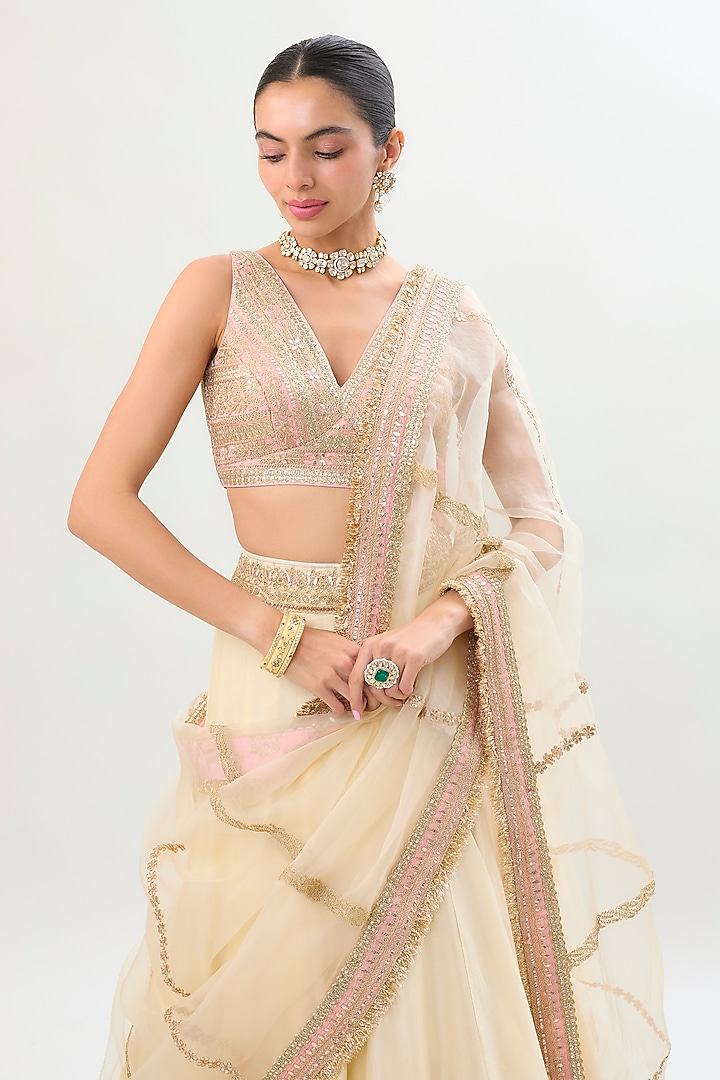 Ivory Tussar Thread Embellished Flared Wedding Lehenga Set by Gopi Vaid at Pernia's Pop Up Shop