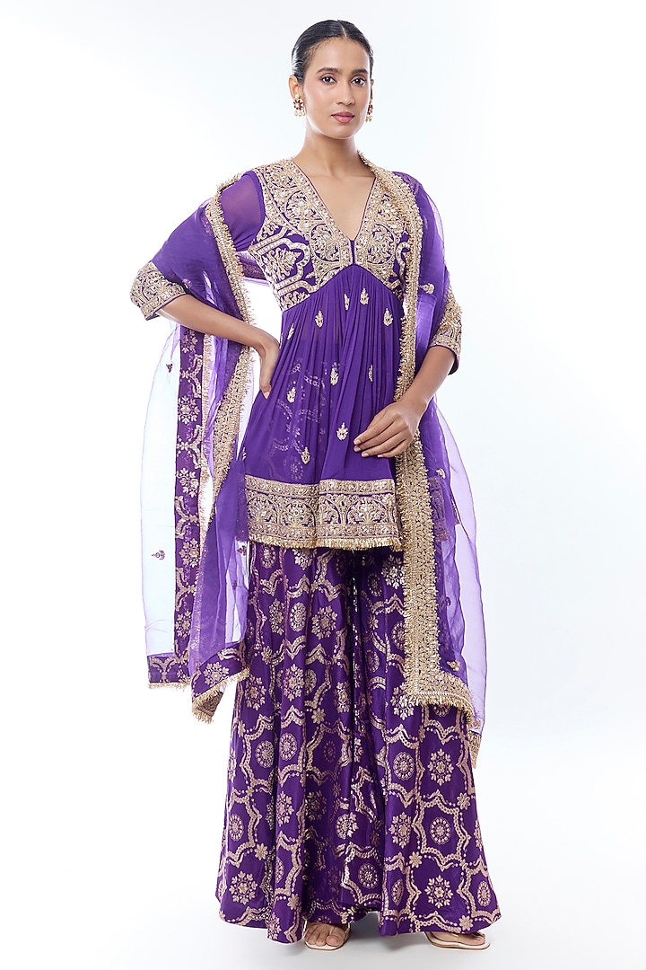 Purple Brocade Wedding Sharara Set by GOPI VAID at Pernia's Pop Up Shop