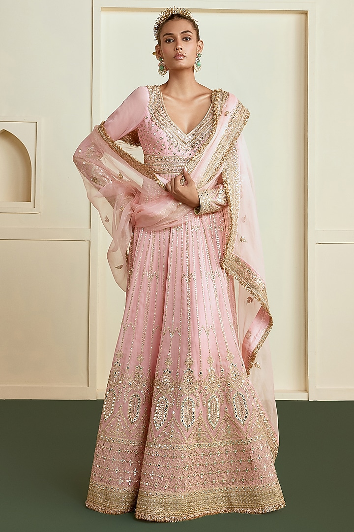 Rose Pink Georgette Mirror Embellished Bridal Anarkali Set by GOPI VAID at Pernia's Pop Up Shop
