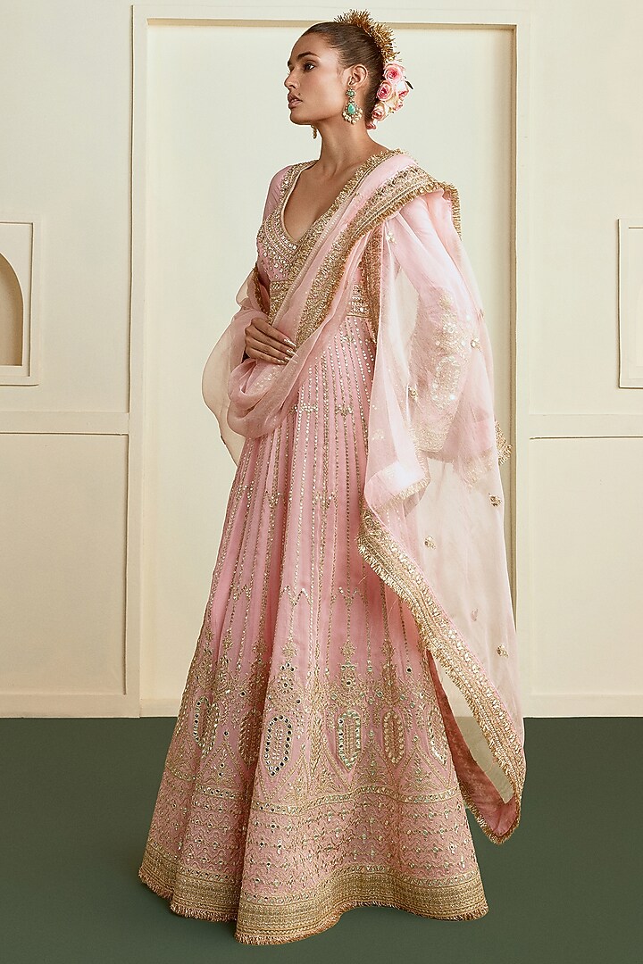 Rose Pink Georgette Mirror Embellished Bridal Anarkali Set by GOPI VAID at Pernia's Pop Up Shop