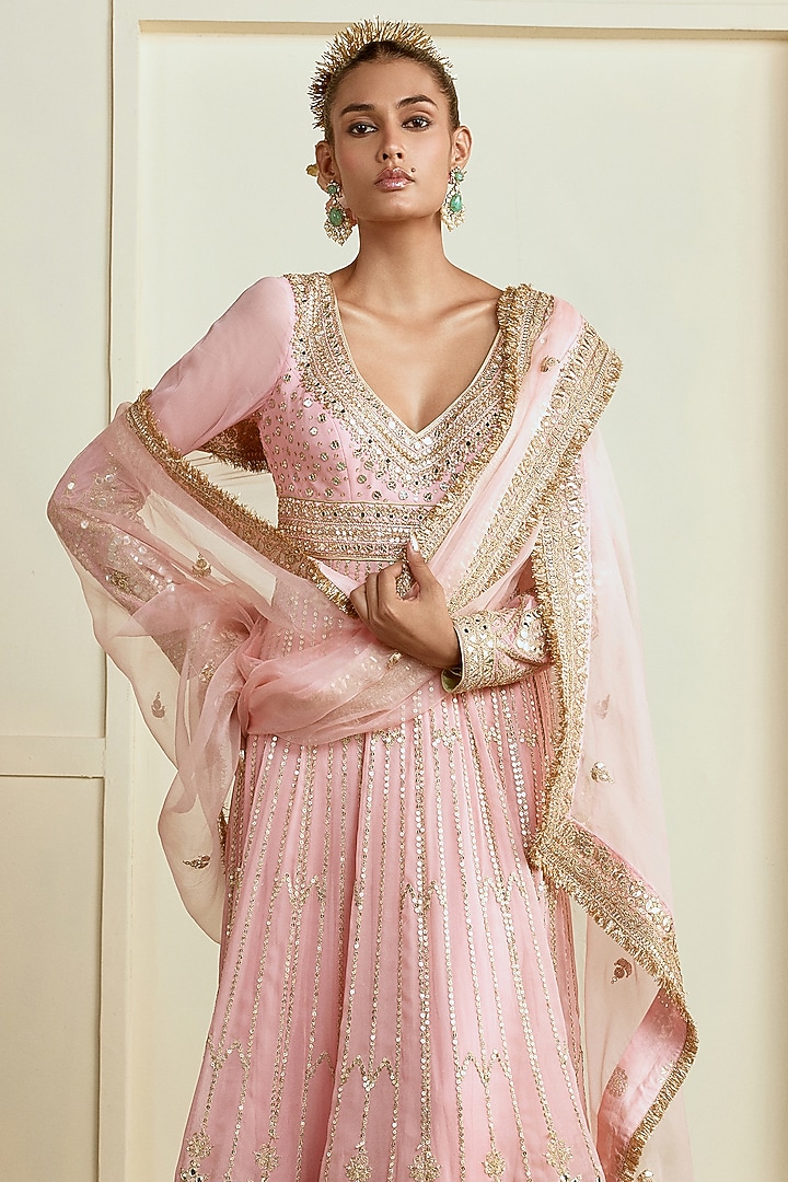Rose Pink Georgette Mirror Embellished Bridal Anarkali Set by GOPI VAID at Pernia's Pop Up Shop