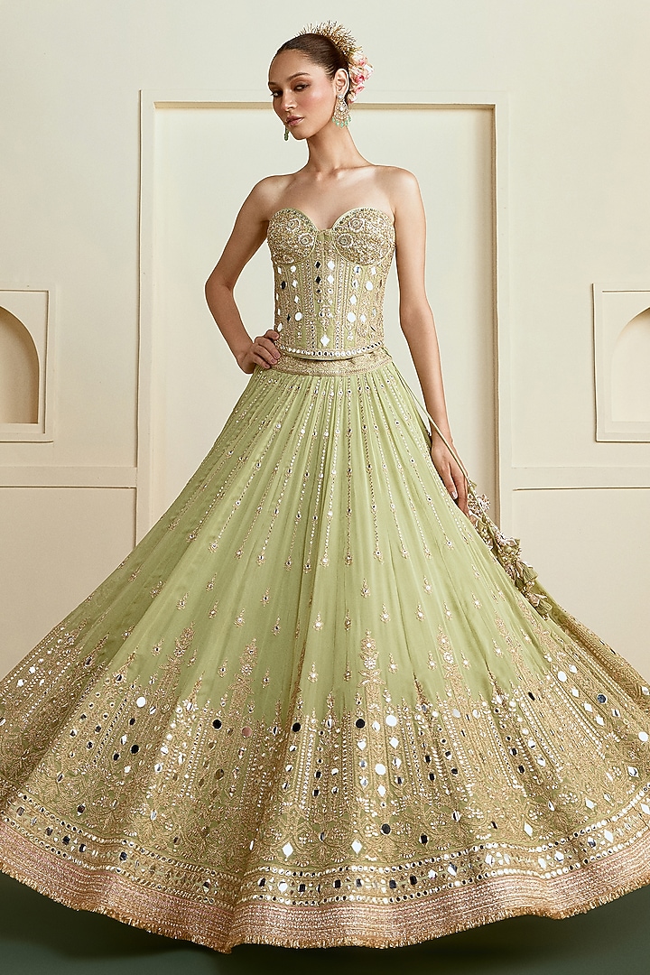 Pista Green Georgette Mirror Embellished Wedding Lehenga Set by GOPI VAID at Pernia's Pop Up Shop