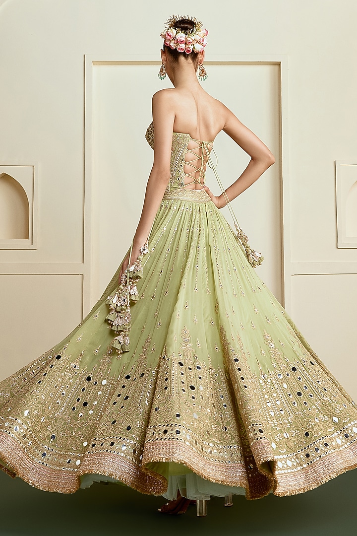 Pista Green Georgette Mirror Embellished Wedding Lehenga Set by GOPI VAID at Pernia's Pop Up Shop