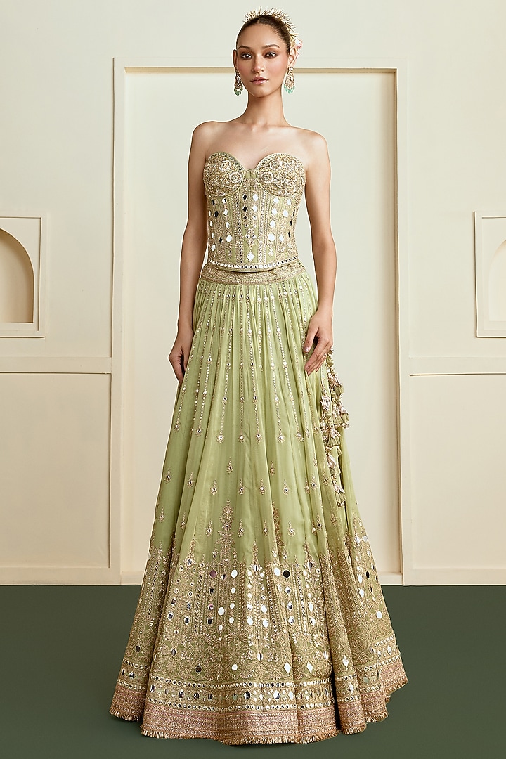 Pista Green Georgette Mirror Embellished Wedding Lehenga Set by GOPI VAID at Pernia's Pop Up Shop