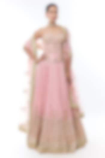 Pink Georgette Mirror Embroidered Wedding Lehenga Set by GOPI VAID at Pernia's Pop Up Shop