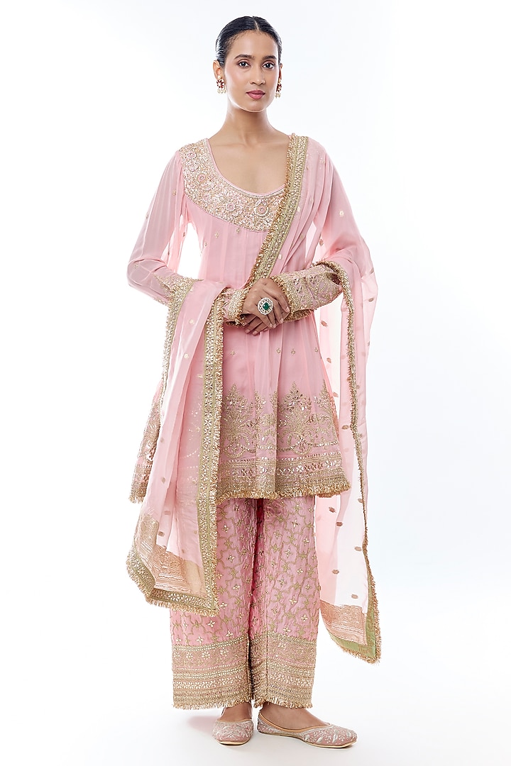 Pink Georgette Floral Embroidered Wedding Anarkali Set by GOPI VAID at Pernia's Pop Up Shop