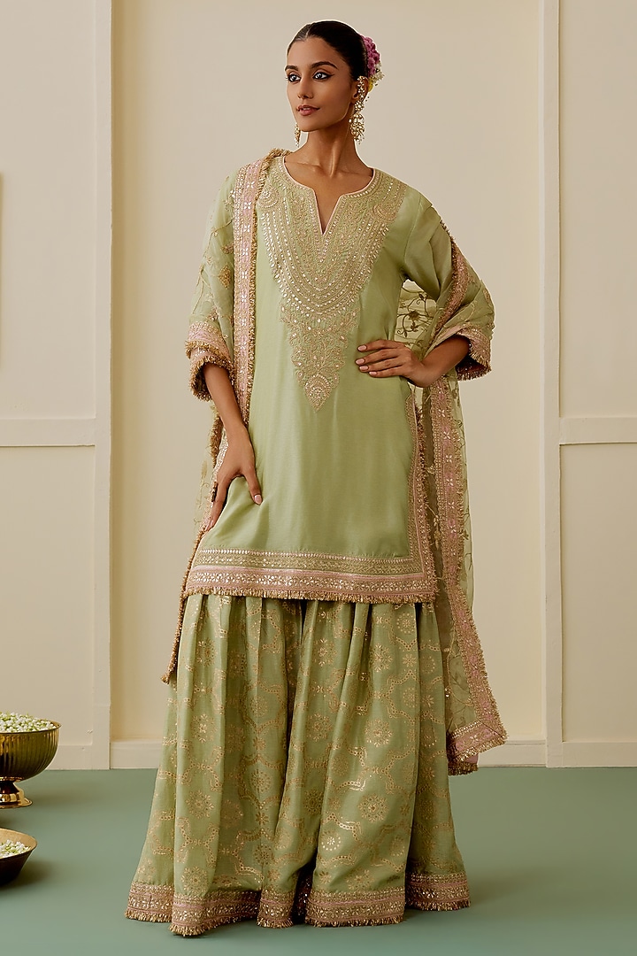 Pista Green Brocade Embellished Wedding Sharara Set by GOPI VAID at Pernia's Pop Up Shop