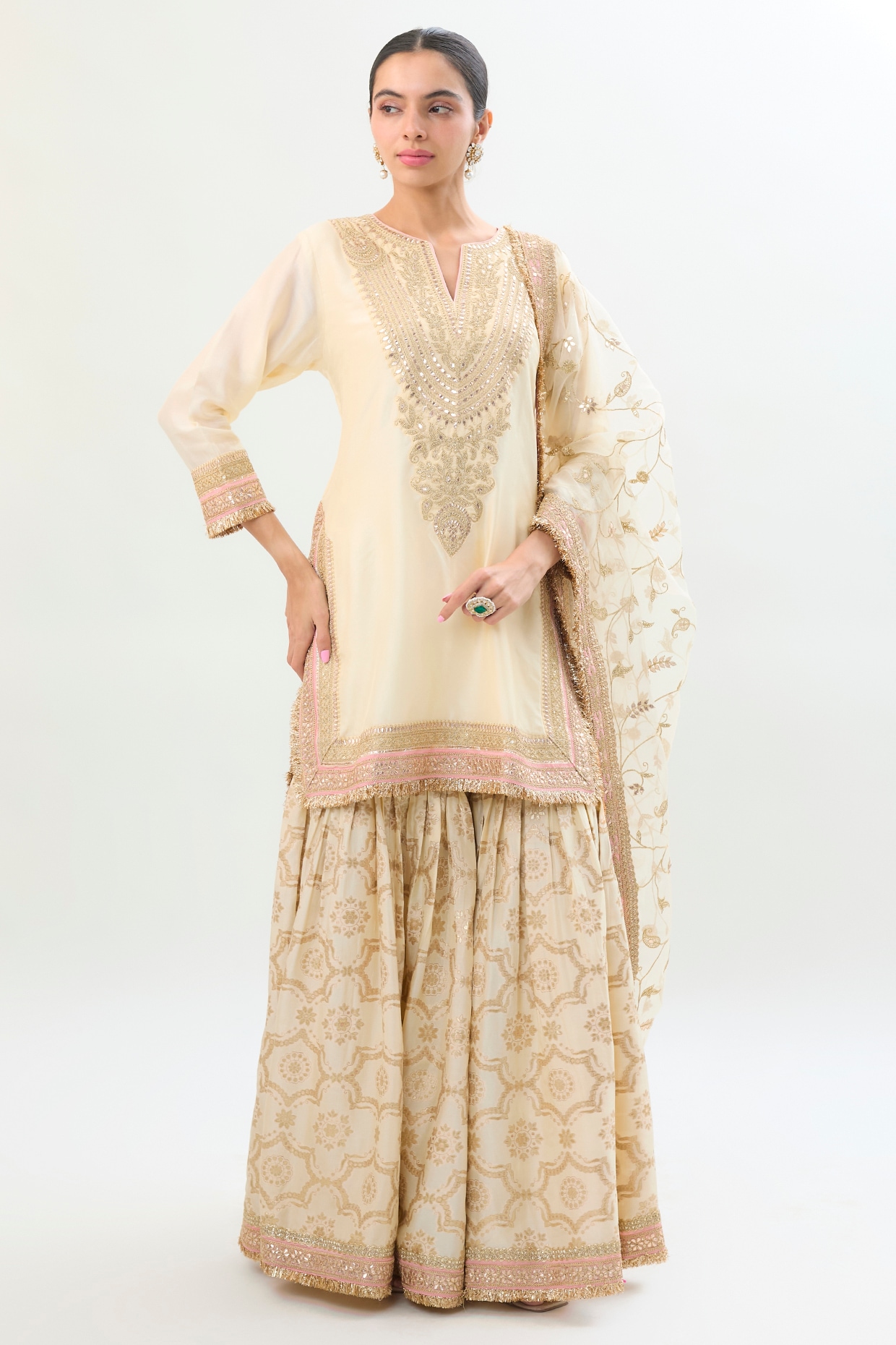 Gopi Vaid Ivory Brocade Gold Embroidered Sharara Set