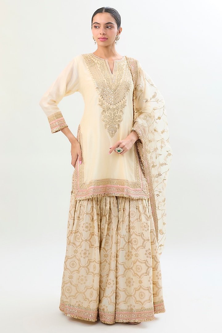 Ivory Brocade Gold Embroidered Wedding Sharara Set by Gopi Vaid at Pernia's Pop Up Shop