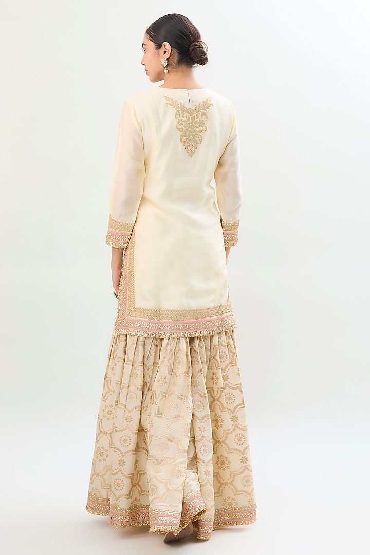 Ivory Brocade Gold Embroidered Wedding Sharara Set by Gopi Vaid at Pernia's Pop Up Shop
