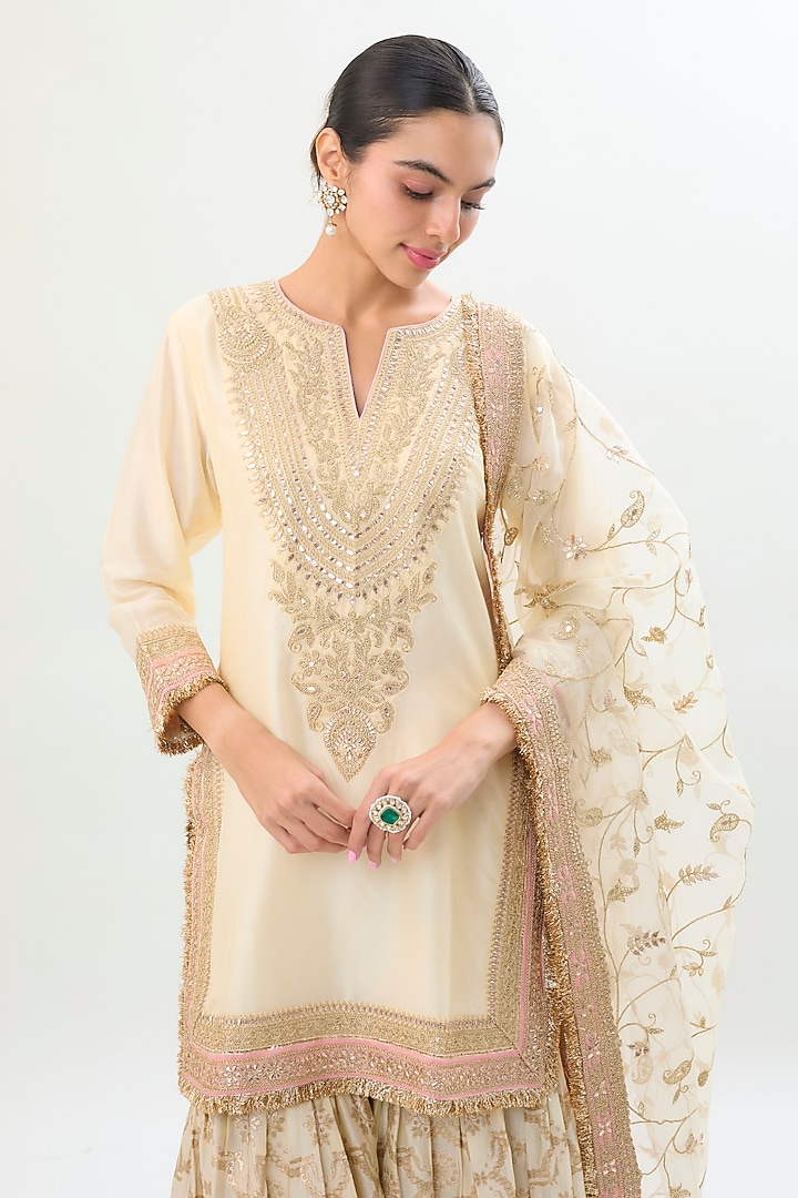 Ivory Brocade Gold Embroidered Wedding Sharara Set by Gopi Vaid at Pernia's Pop Up Shop