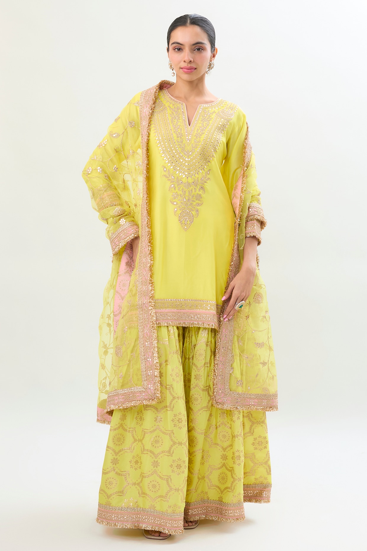 Gopi Vaid Yellow Brocade Gold Embroidered Sharara Set