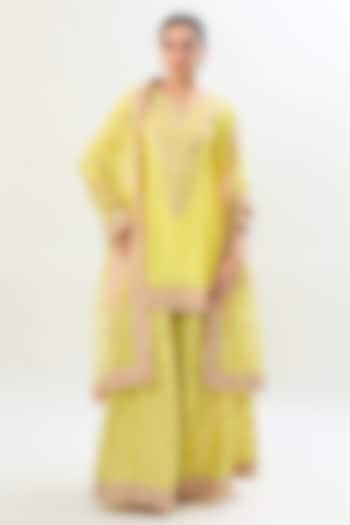 Yellow Brocade Gold Embroidered Wedding Sharara Set by Gopi Vaid at Pernia's Pop Up Shop
