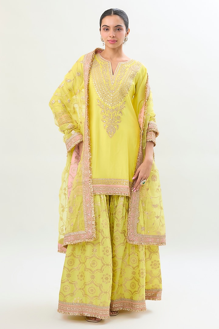 Yellow Brocade Gold Embroidered Wedding Sharara Set by Gopi Vaid at Pernia's Pop Up Shop