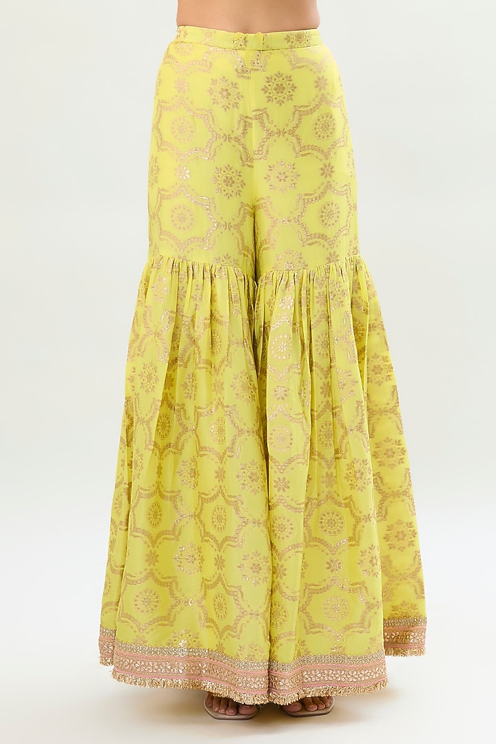 Yellow Brocade Gold Embroidered Wedding Sharara Set by Gopi Vaid at Pernia's Pop Up Shop