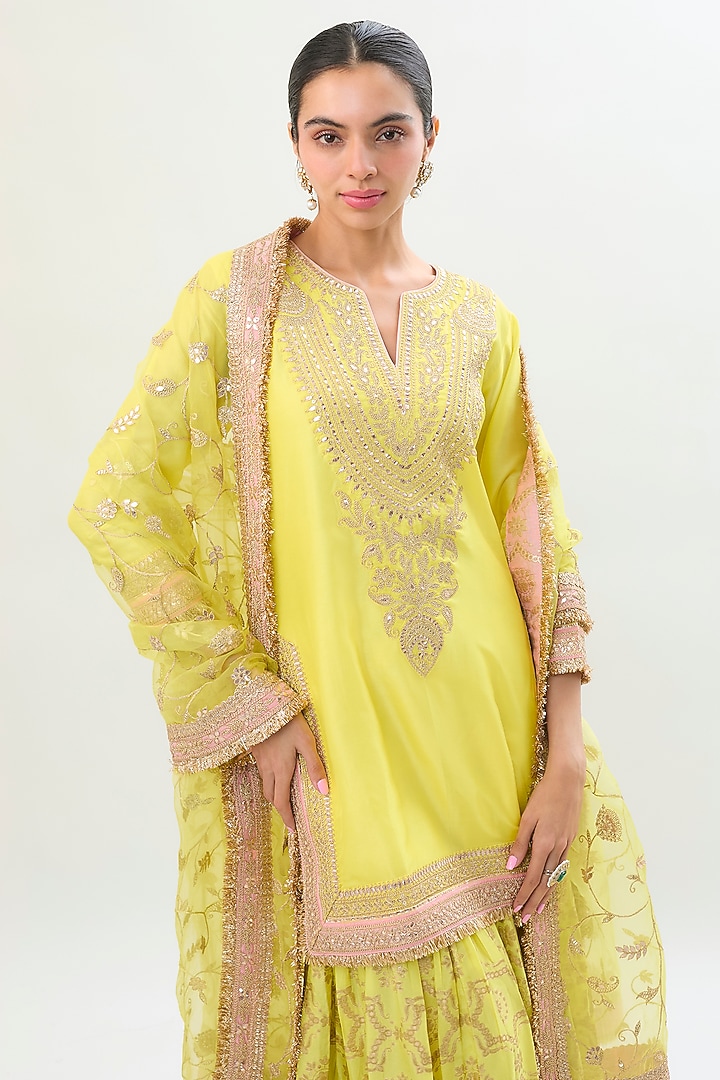 Yellow Brocade Gold Embroidered Wedding Sharara Set by Gopi Vaid at Pernia's Pop Up Shop