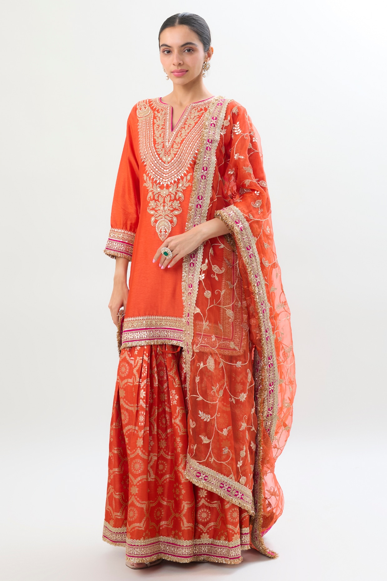 Gopi Vaid Orange Brocade Gold Embroidered Sharara Set