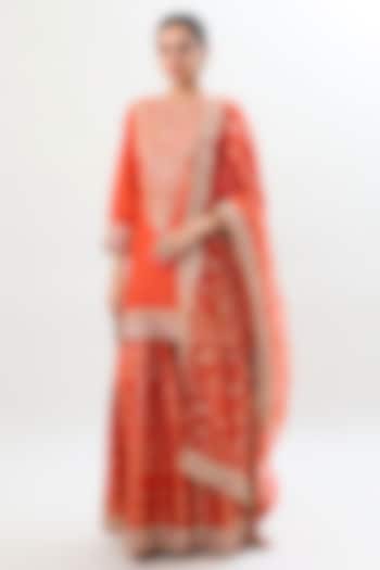 Orange Brocade Gold Embroidered Wedding Sharara Set by Gopi Vaid at Pernia's Pop Up Shop