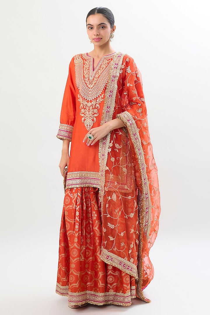Orange Brocade Gold Embroidered Wedding Sharara Set by Gopi Vaid at Pernia's Pop Up Shop
