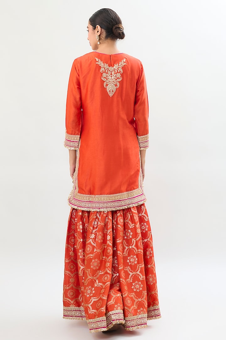 Orange Brocade Gold Embroidered Wedding Sharara Set by Gopi Vaid at Pernia's Pop Up Shop