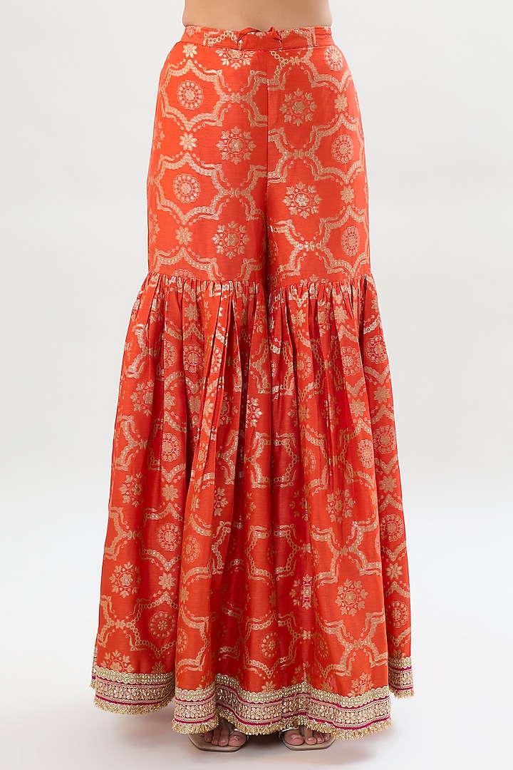 Orange Brocade Gold Embroidered Wedding Sharara Set by Gopi Vaid at Pernia's Pop Up Shop