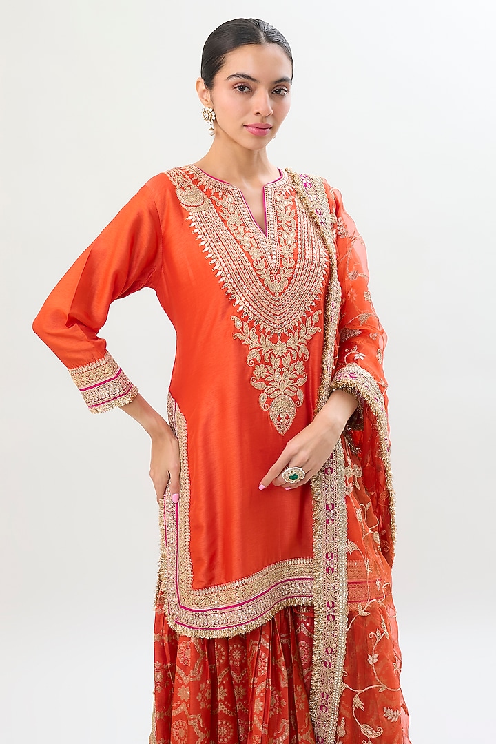 Orange Brocade Gold Embroidered Wedding Sharara Set by Gopi Vaid at Pernia's Pop Up Shop
