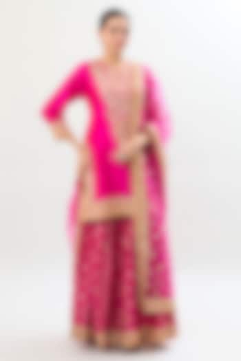 Rani Pink Brocade Gold Embroidered Wedding Sharara Set by Gopi Vaid at Pernia's Pop Up Shop