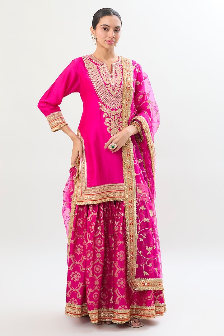 Rani Pink Brocade Gold Embroidered Wedding Sharara Set by Gopi Vaid at Pernia's Pop Up Shop