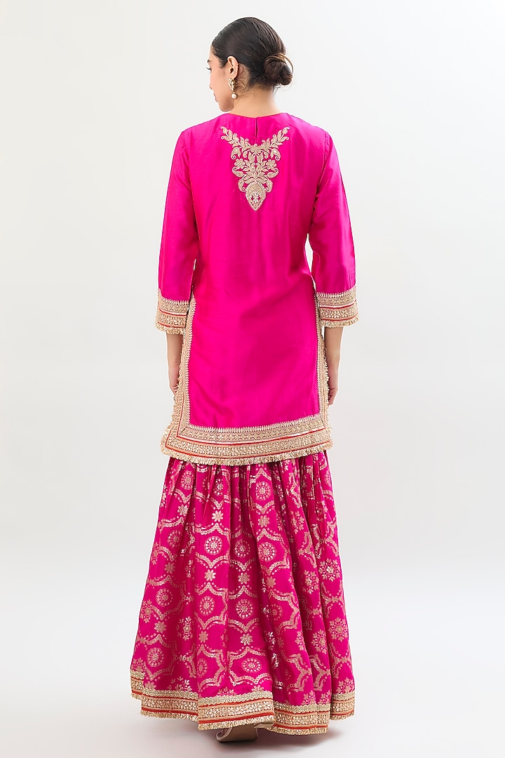 Rani Pink Brocade Gold Embroidered Wedding Sharara Set by Gopi Vaid at Pernia's Pop Up Shop