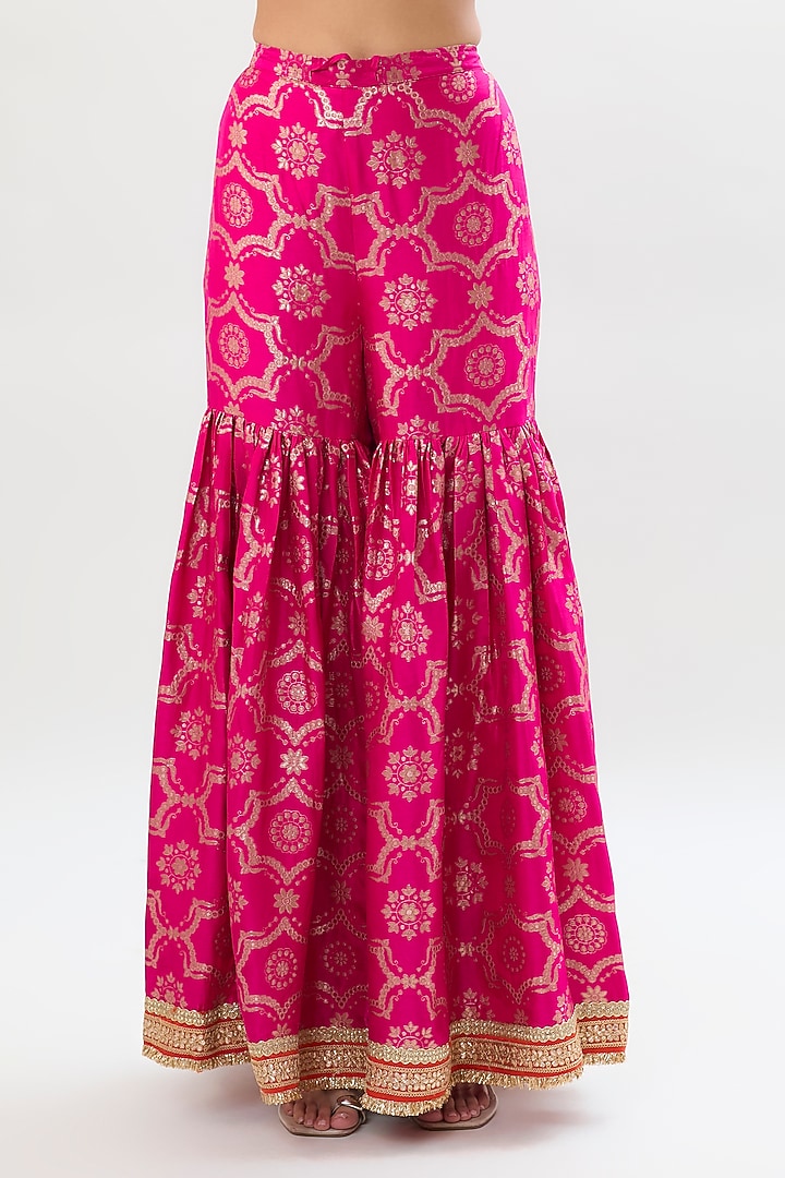 Rani Pink Brocade Gold Embroidered Wedding Sharara Set by Gopi Vaid at Pernia's Pop Up Shop
