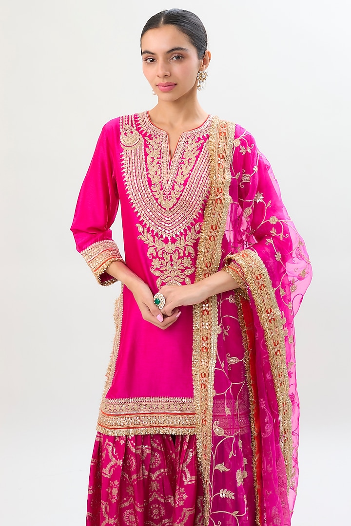 Rani Pink Brocade Gold Embroidered Wedding Sharara Set by Gopi Vaid at Pernia's Pop Up Shop