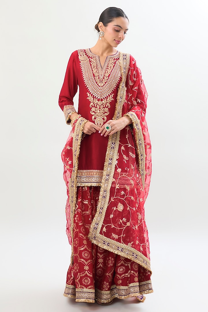 Red Brocade Gold Embroidered Wedding Sharara Set by Gopi Vaid at Pernia's Pop Up Shop