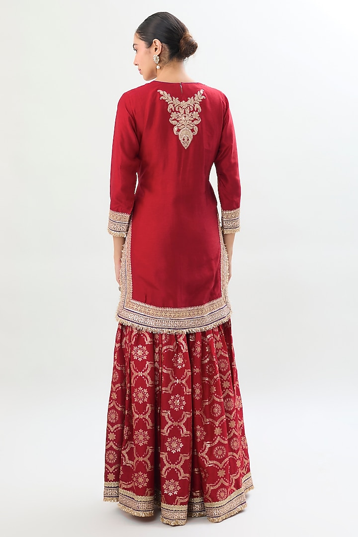 Red Brocade Gold Embroidered Wedding Sharara Set by Gopi Vaid at Pernia's Pop Up Shop