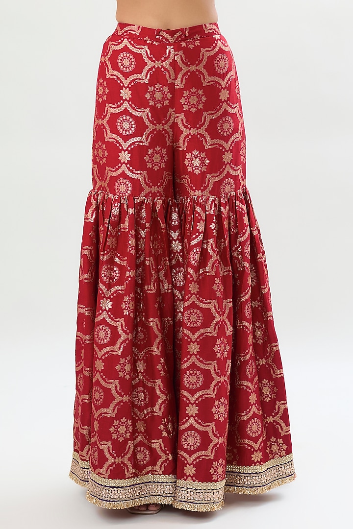 Red Brocade Gold Embroidered Wedding Sharara Set by Gopi Vaid at Pernia's Pop Up Shop