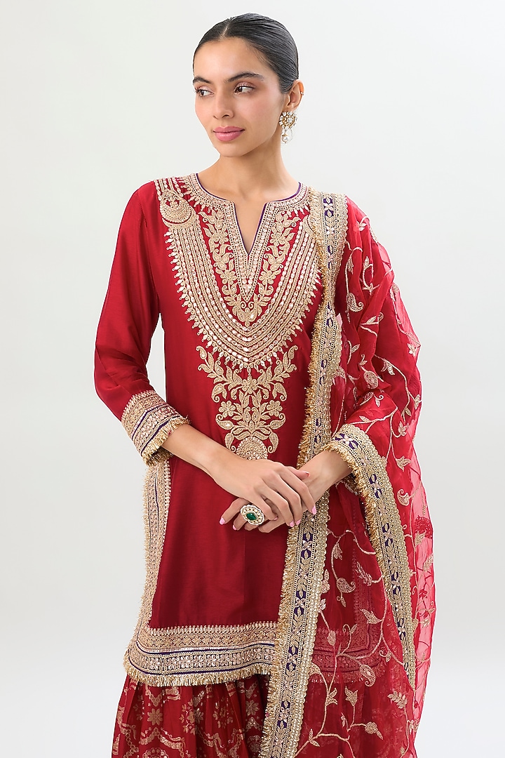 Red Brocade Gold Embroidered Wedding Sharara Set by Gopi Vaid at Pernia's Pop Up Shop