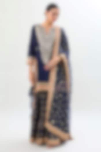 Navy Blue Brocade Gold Embroidered Wedding Sharara Set by Gopi Vaid at Pernia's Pop Up Shop