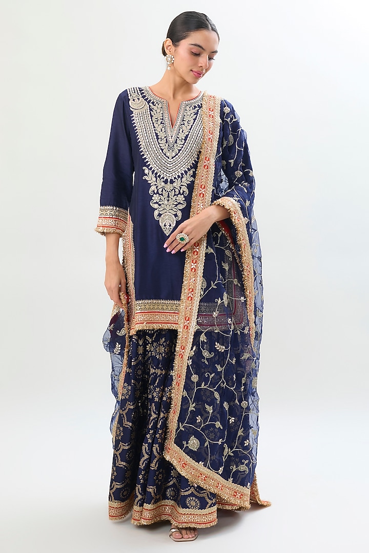 Navy Blue Brocade Gold Embroidered Wedding Sharara Set by Gopi Vaid at Pernia's Pop Up Shop